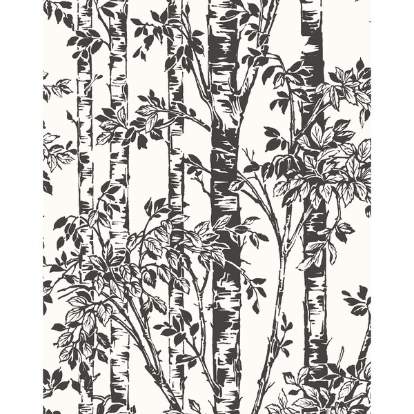 Manhattan Comfort Norwalk, Vinyl Birch Trees And Foilage In Black And White Wallpaper, 205 In X 33 Ft = 56 Sq Ft Norwalk - main